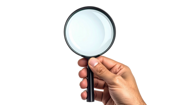 Hand holding a magnifying glass against a black background (1)