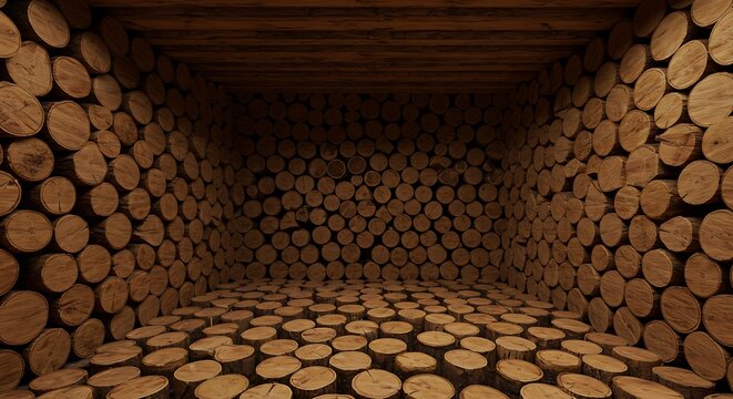 Empty square room with Rows of piled of wooden logs - Powered by Adobe