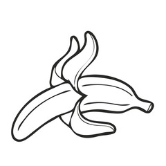 Black Outline Vector Illustration of a Partially Peeled Banana