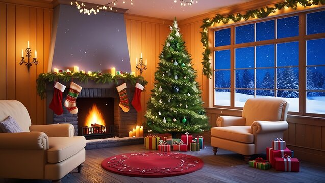 Empty room, warm Atmosphere on a Winter Snowy Night: Empty Shot of Home Interior with Fireplace Decorated with Christmas Tree, Gifts, Ornaments, Garlands and Stockings - Powered by Adobe