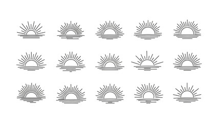 Set of Abstract Sun and Sea Horizon Icons with Radial Sunburst Line Art Design
