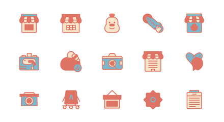 A set of simple icons in a retro style with a limited color palette. These illustrations depict various themes like shops, a face, download, camera, heart, and more