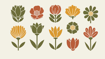 Collection of Stylized Floral Illustrations in Earthy Tones, Perfect for Design Projects