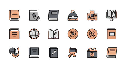 A collection of simple, colored illustrations, featuring books, world maps, circles, and other educational elements, all on a white background
