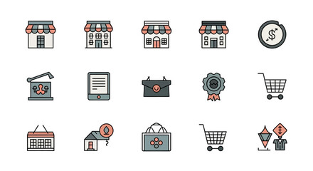 A collection of vibrant, minimalistic icons depicting various commercial and financial concepts, including retail shops, currency, certificates, and e-commerce symbols