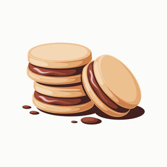 Stack of round beige cookies filled with smooth dark chocolate cream and scattered chocolate drops brown vector illustration.