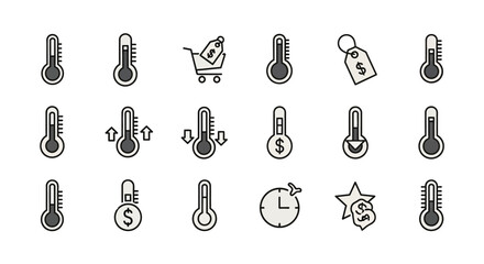 A collection of sixteen thermometer icons, some with dollar signs, arrows, and a shopping cart, representing price, time, and trend concepts
