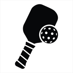 Pickleball paddle and ball black silhouette vector.