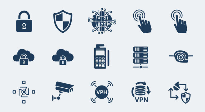 A collection of simple, flat design icons in a consistent dark blue, suggesting digital security, data, and communication concepts. Images include locks, shields, and touch interface symbols