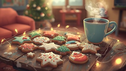 Festive Christmas Still Life with Homemade Cookies and Hot Chocolate Mug