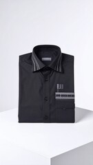 Folded black shirt with grey accents on a white surface
