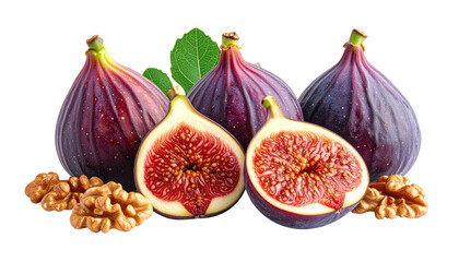 Purple figs, one cut open, with walnuts and a green leaf