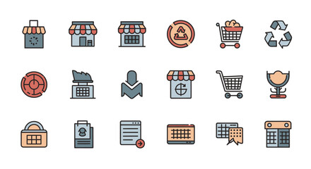 A collection of 15 colorful outlined icons on a white background, featuring shops, carts, recycling symbols, target, a person,  download, secure, document and calendar icons