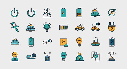 Fototapeta premium A collection of vibrant vector icons, featuring concepts of electricity, renewable energy, power, and charging. Includes solar panels, batteries, lightbulbs, wind turbines, and electric vehicles