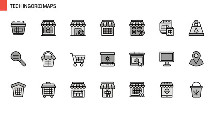 A collection of simple, monochromatic icons illustrating various commerce and location-based concepts. Icons include shopfronts, shopping carts, maps, and digital interface elements