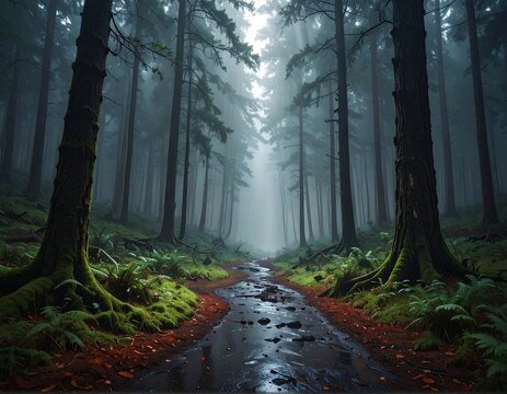 Misty forest path under tall evergreen trees and ethereal sunlight - Powered by Adobe