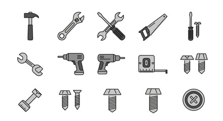 Collection of various hand tools, screws, and hardware depicted in a minimalist, grayscale style on a white background. Designed for construction or DIY themes