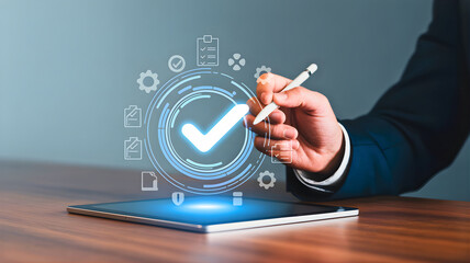 Digital verification and approval process with a checkmark icon overlaying a tablet