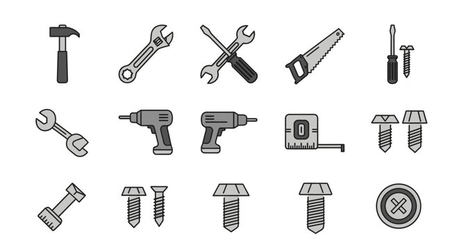 Collection of various hand tools, screws, and hardware depicted in a minimalist, grayscale style on a white background. Designed for construction or DIY themes