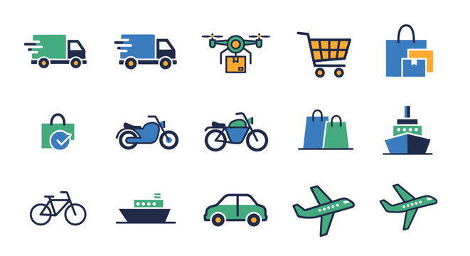 A set of colorful flat icons showcasing delivery and transportation concepts. Depicted are trucks, a drone, shopping cart, bags, motorcycles, bicycles, ships, cars, and airplanes