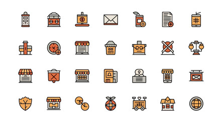 A set of colorful flat design icons. Subjects include shops, buildings, symbols, and communication tools