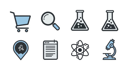 Obraz premium Collection of eight minimalist illustrations featuring a shopping cart, magnifying glass, beakers, location pin, notepad, atomic structure, and a microscope