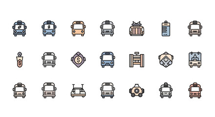 An icon set featuring diverse depictions of public transit vehicles alongside icons of a cash bag, ID card, and a money icon, with colorful outlines
