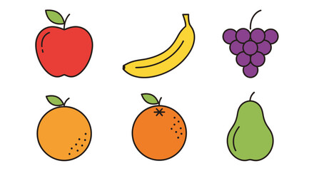 A collection of six colorful illustrations of fresh fruit, including an apple, banana, grapes, oranges, and a pear. All are outlined in black with simple, clean designs