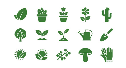 A collection of green vector graphics featuring plant life and gardening tools. Includes leaves, potted plants, flowers, trees, seedlings, a watering can, a trowel, berries, a mushroom, and gloves © gudangPIXEL