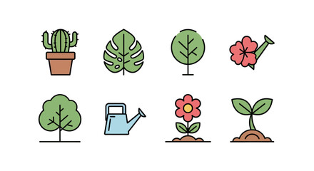 Vector icons of plants and gardening tools. Included are a cactus in a pot, monstera leaf, trees, flowers, a watering can, and a sprouting plant. All elements are flat, with black outlines © gudangPIXEL