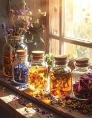 Artisanal Herbal Teas Collection in Sunlit Rustic Setting