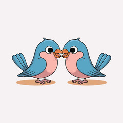 Two cute cartoon blue birds with pink chests and orange beaks touching beaks on a light background illustration.