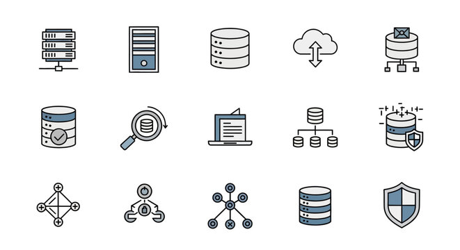 A collection of simple, flat-style illustrations of database and network icons, using a limited color palette of blue, gray, and black.  Each represents a technology concept