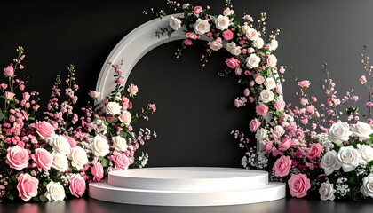 Floral archway over a round white platform
