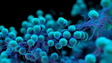 Various marine bacteria in seawater, blue, green and pink cells are seen glowing.