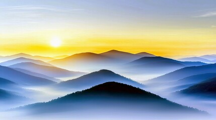 A serene mountain landscape bathed in the warm glow of sunrise, with layers of blue mist filling the valleys between peaks.