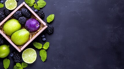A vibrant assortment of fresh fruits including green apples, a plum, limes, blackberries, and blueberries, artfully arranged with mint leaves on a dark, texture