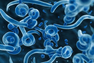 Campylobacter bacteria in fish pieces appear curved and moving like water lines.