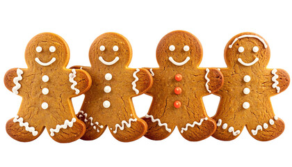 Four smiling gingerbread men cookies lined up on black