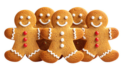 Five smiling gingerbread men cookies clustered tightly
