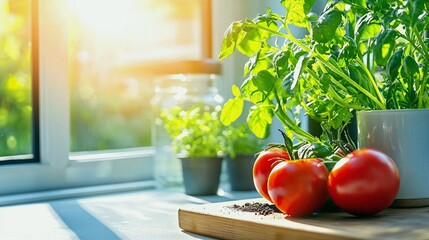 Fresh, ripe tomatoes and vibrant green basil plants sit on a wooden cutting board by a sunlit window.