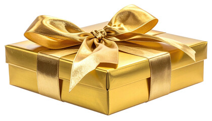 Shiny gold gift box with satin bow, on black background