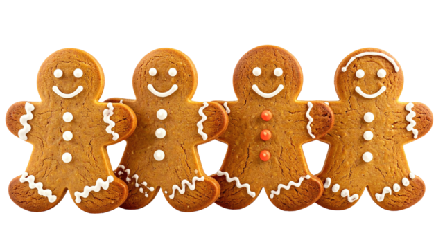 Four smiling gingerbread men cookies lined up on black