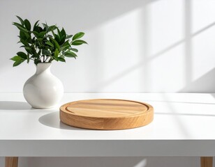 Wood plate, vase, leaves, sunlight on white table