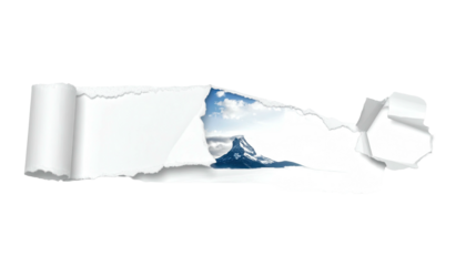 Torn paper reveals mountain and sky scenery