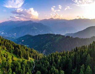 Mountain range with dense forest & golden sky at sunset