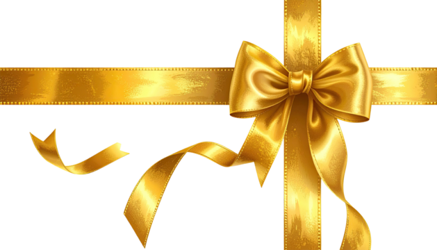 Golden ribbon bow on black background, crossed bands tied tightly