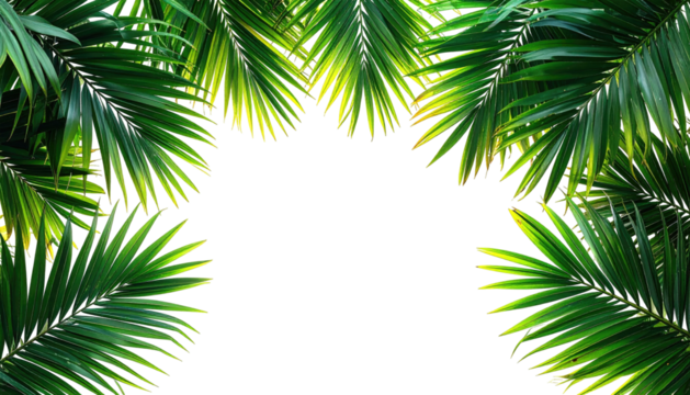 Palm leaves framing blank black space, bright sunny greens