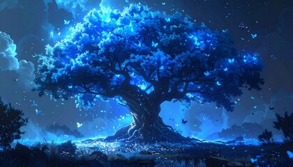 Obraz premium A luminous, vibrant, stylized tree glows with ethereal blue light, surrounded by fluttering butterflies and a dreamy night sky