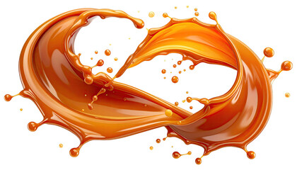 Curving caramel splash swirling, droplets flying against black